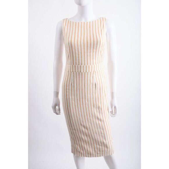 Boden Womens Maggie Sheath Linen Dress Midi UK 6P US 2P White Tan Striped NWT - Picture 1 of 6